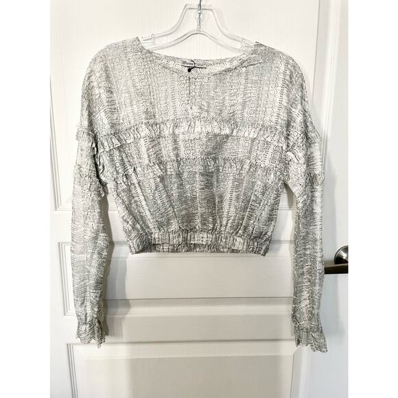Zara Printed Lace Top with Frills Silver Gray White Small New - Picture 10 of 11